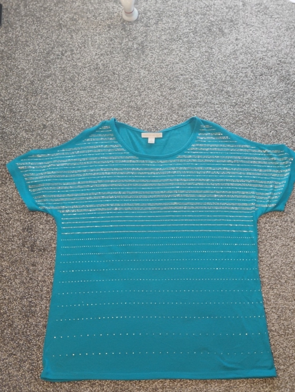 Westport Teal Short-Sleeve Knit Top with Silver Metallic Stripes